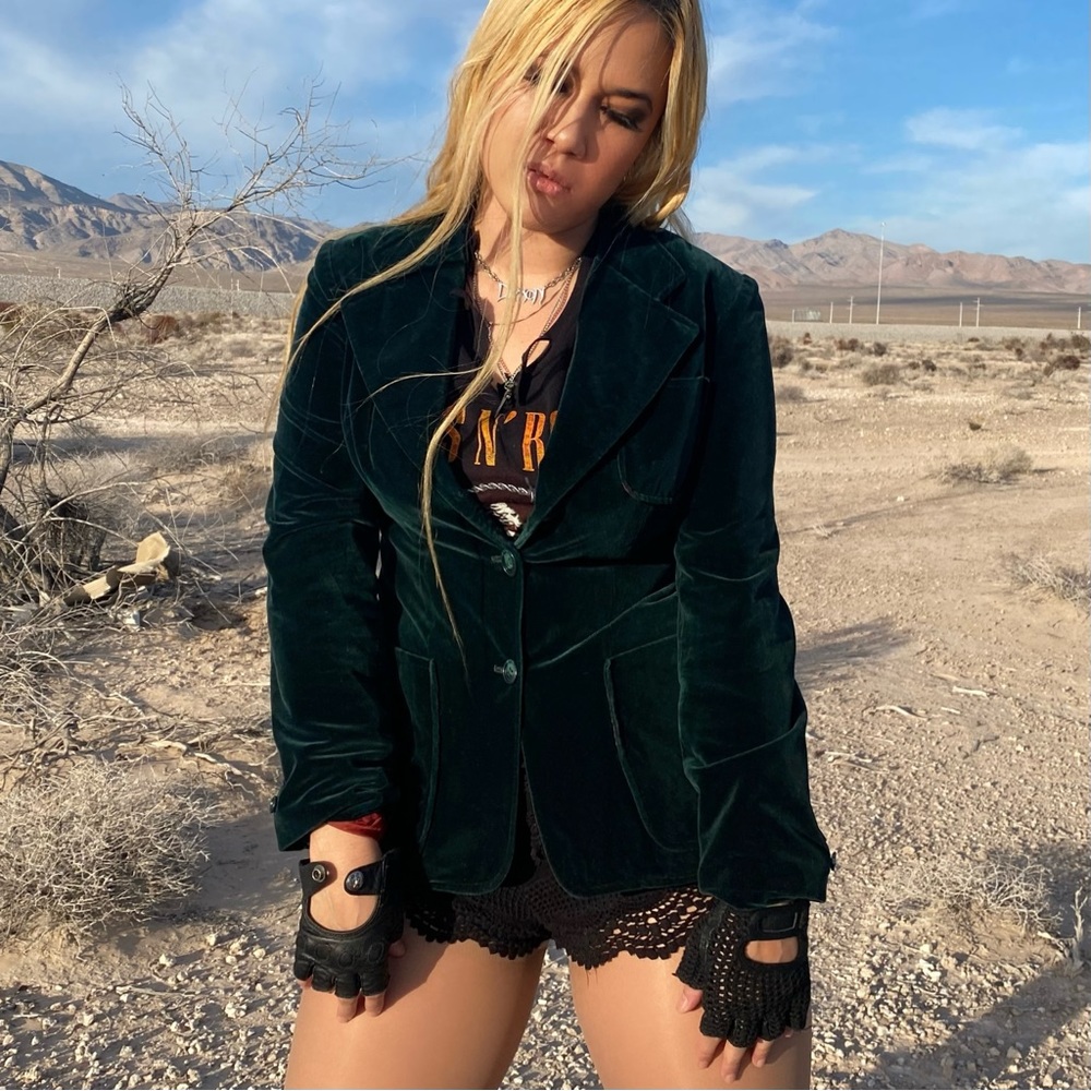 SOLD Vintage 70s Union Workers Dark Green Velvet Retro Blazer Jacket - Picture 2 of 4